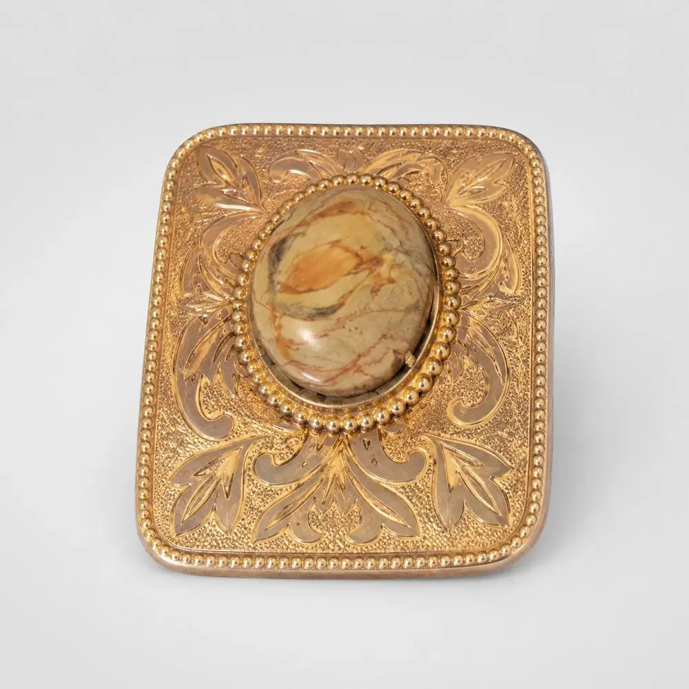 Vintage Brassy Silver-tone Large Belt Buckle‎ Agate 3.75